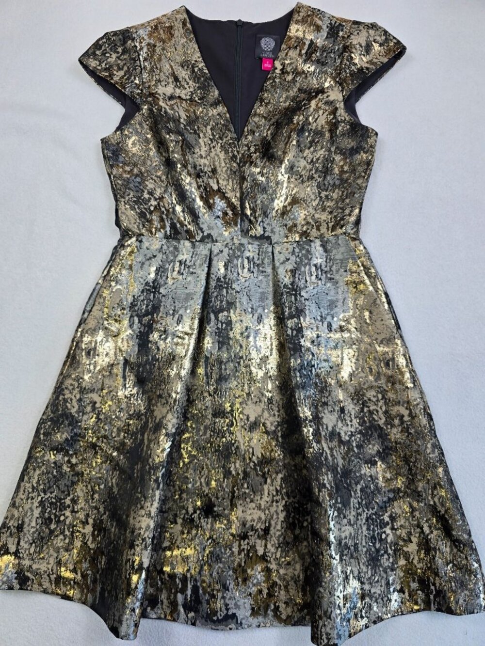 Vince Camuto 2 XS Metallic Gold Cocktail Party Holiday Dress V Neck